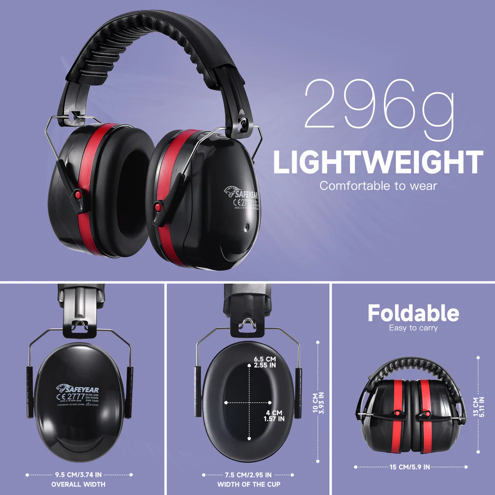 Safeyear Maximum Noise Blocking Earmuffs (33dB Reduction) - Workshop, Factory, Chainsaw Use, ANSI S3.19 & EN352 Compliant Hearing Protector, Comfort Fit for 8H+ Wear - Image 2